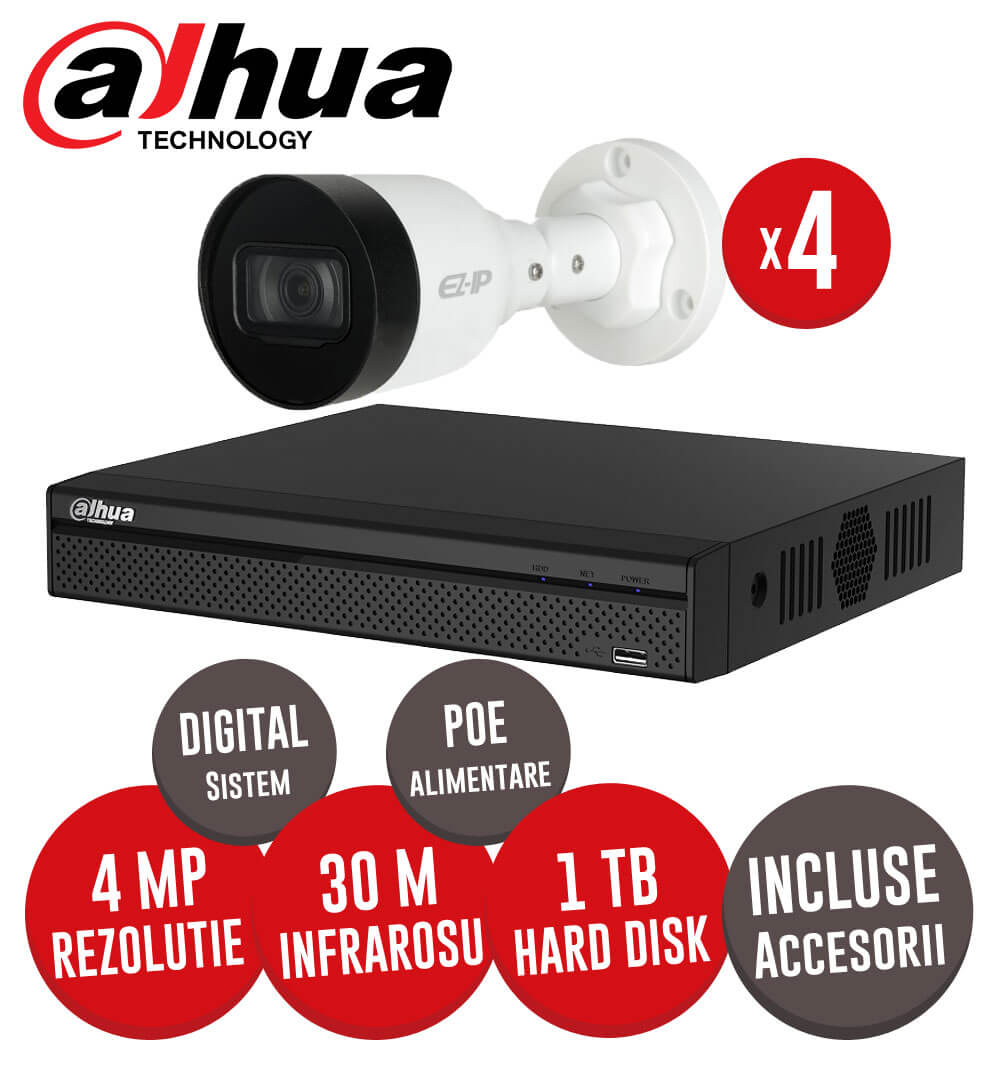 Sistem complet NVR 4 canale, 4 camere 4 MP Dahua, exterior, incluse accesorii, cablu -  KIT137