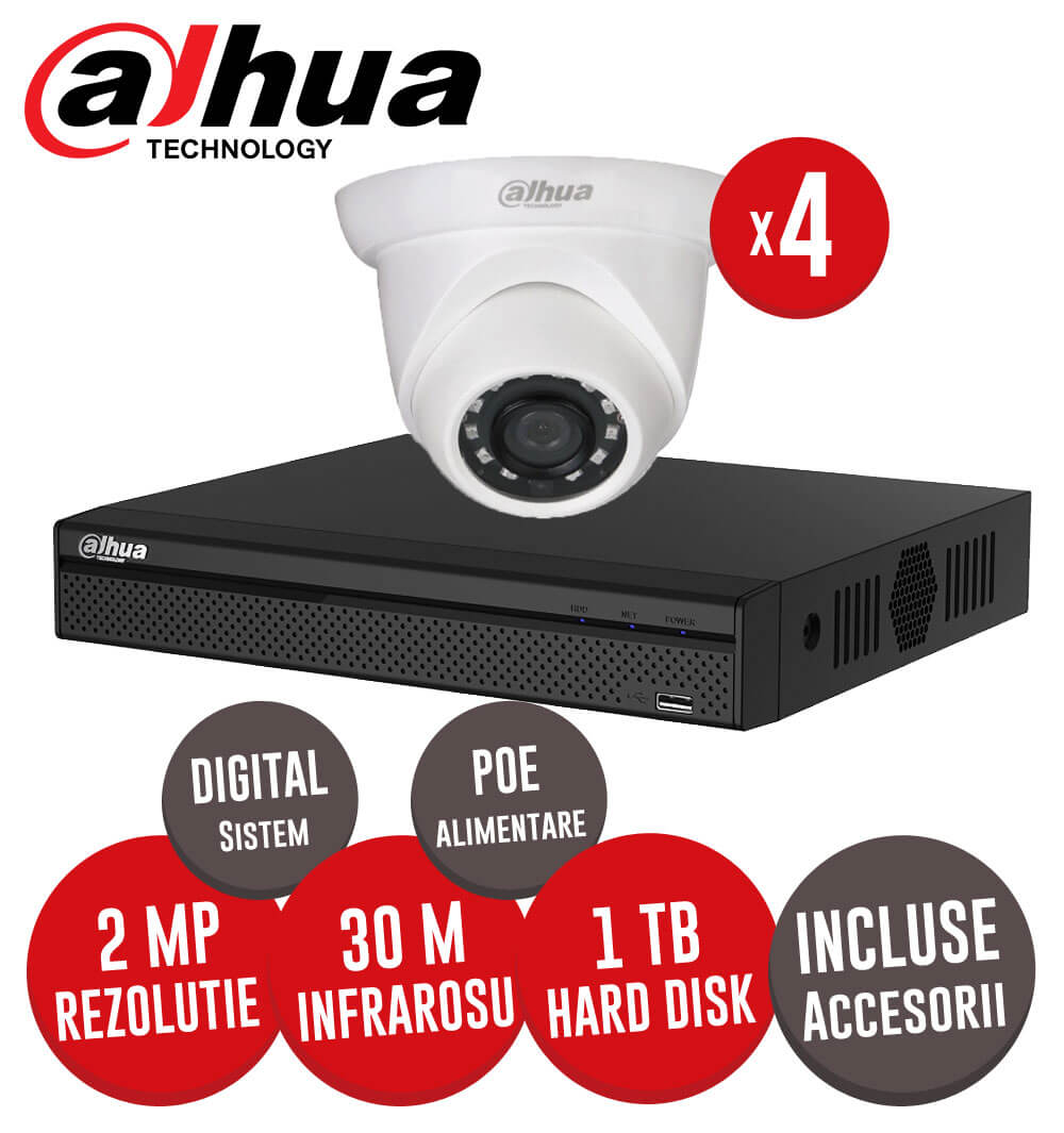 Sistem complet NVR 4 canale POE + 4 camere IP, exterior, 2 MP, IR 30m + accesori -  KIT133