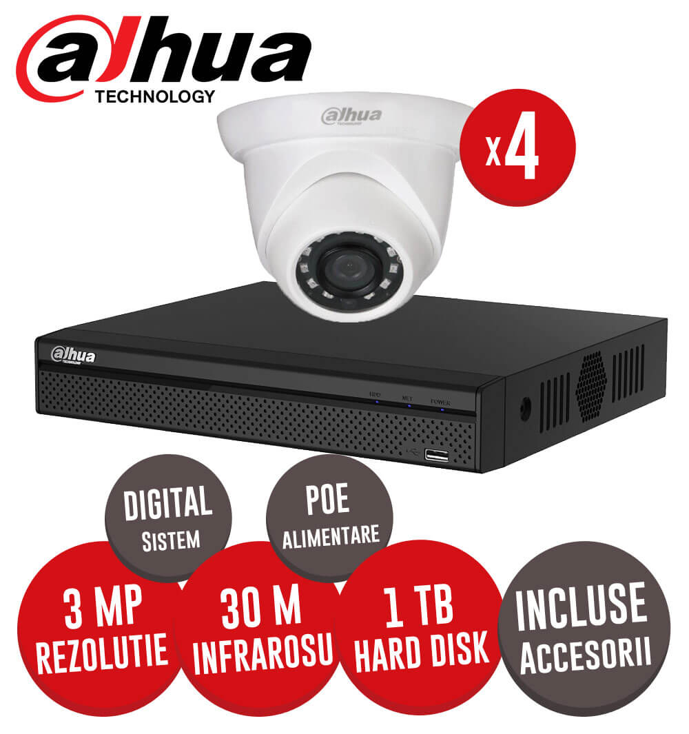 Sistem complet NVR 4 canale POE + 4 camere IP, exterior, 3 MP, IR 30m + accesori -  KIT135