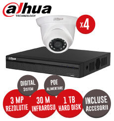 Sistem complet NVR 4 canale POE + 4 camere IP, exterior, 3 MP, IR 30m + accesori -  KIT135