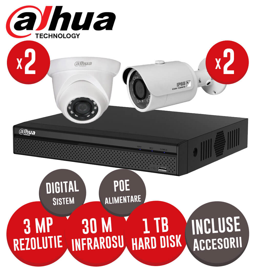 Sistem complet NVR 4 canale POE + 4 camere IP, exterior,interior, 3 MP + accesori -  KIT134