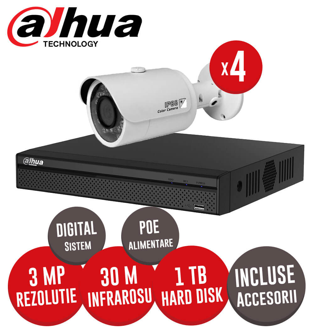 Sistem complet NVR 4 canale POE + 4 camere IP, exterior, 3 MP, IR 30m + accesori -  KIT132