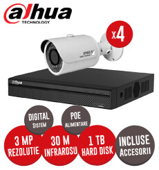 Sistem complet NVR 4 canale POE + 4 camere IP, exterior, 3 MP, IR 30m + accesori -  KIT132