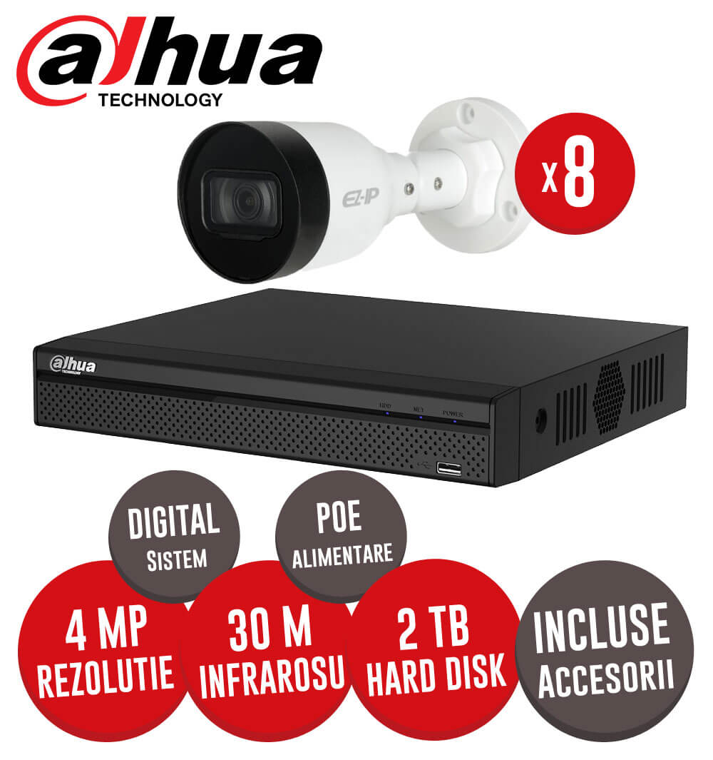 Sistem complet NVR 8 canale, 8 camere 4 MP Dahua, exterior, incluse accesorii, cablu -  KIT138