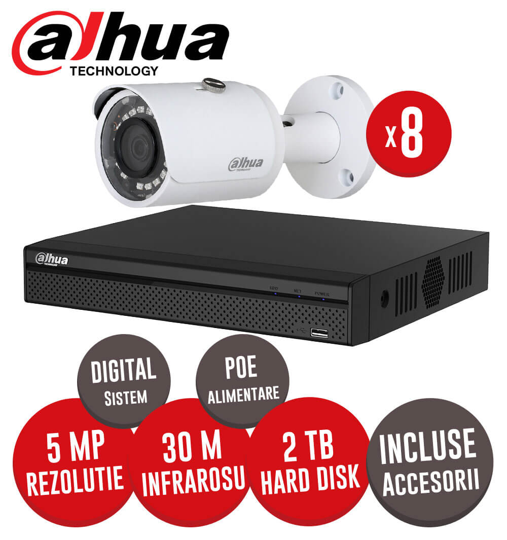 Sistem complet NVR 8 canale, 8 camere 5MP Dahua, exterior, incluse accesorii, cablu -  KIT140