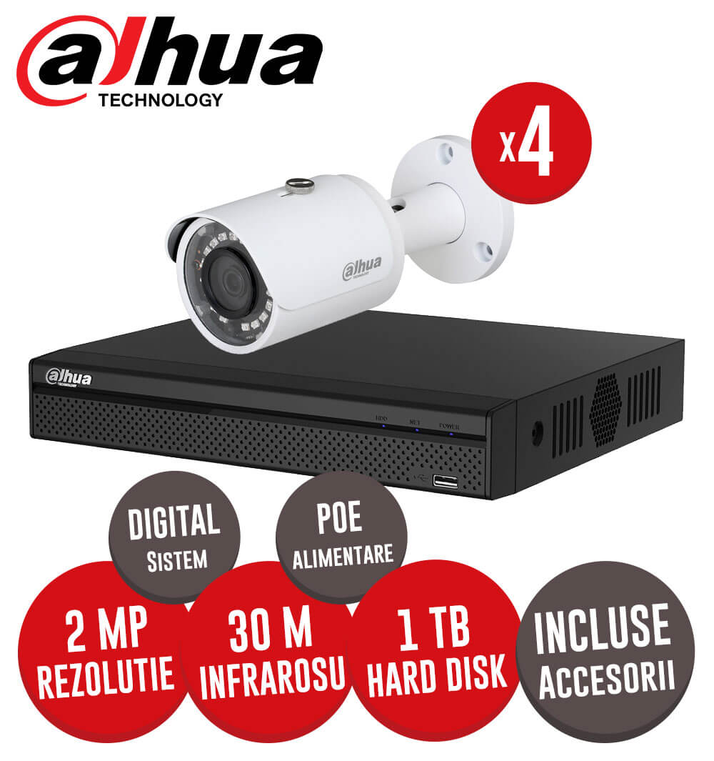 Sistem complet digital IP, NVR cu POE, 4 camere IP Dahua, 2 MP, IR 30 metri, accesorii -  KIT60