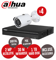 Sistem complet digital IP, NVR cu POE, 4 camere IP Dahua, 2 MP, IR 30 metri, accesorii -  KIT60