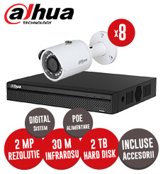 Sistem complet digital IP, NVR cu POE, 8 camere IP Dahua, 2 MP, IR 30 metri, accesorii -  KIT61