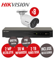Sistem complet digital IP, NVR cu POE, 8 camere IP Hikvision, 2 MP, IR 30 m, accesorii -  KIT88