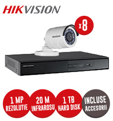 Sistem complet DVR 8 canale, 8 camere 1 MP, exterior, IR 20 metri, Hikvision, accesorii - KIT84