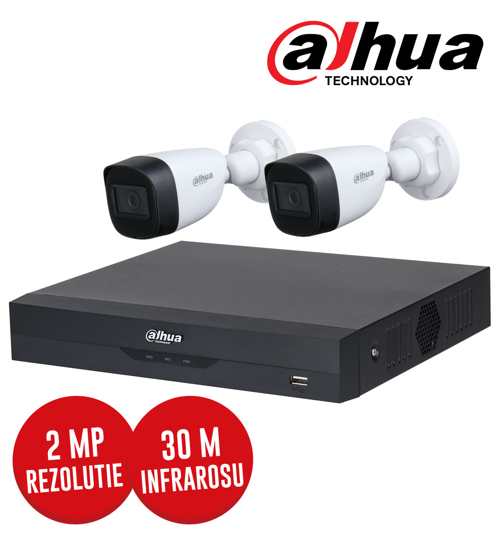 Kit DVR 4 canale 5 MP Lite si 2 camere exterior 2MP, IR 30 metri, fara accesorii -  Dahua KIT216
