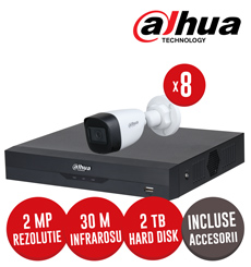 Sistem complet DVR 8 canale AI, 8 camere 2 MP, IR 30m, HDD 2TB, accesorii, cablu UTP - Dahua KIT217