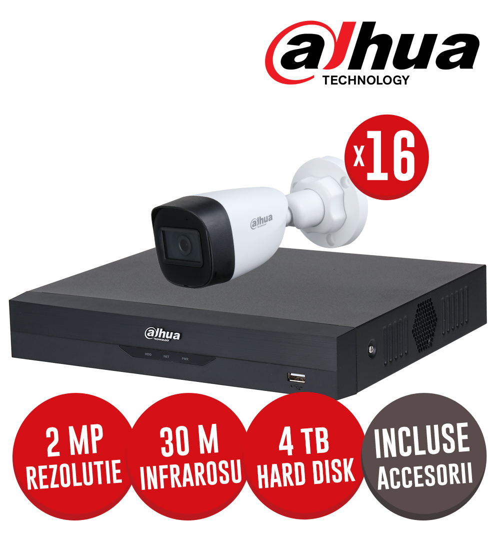 Sistem complet DVR 16 canale, 16 camere 2 MP, IR 30m, HDD 4TB, accesorii, coaxial - KIT355