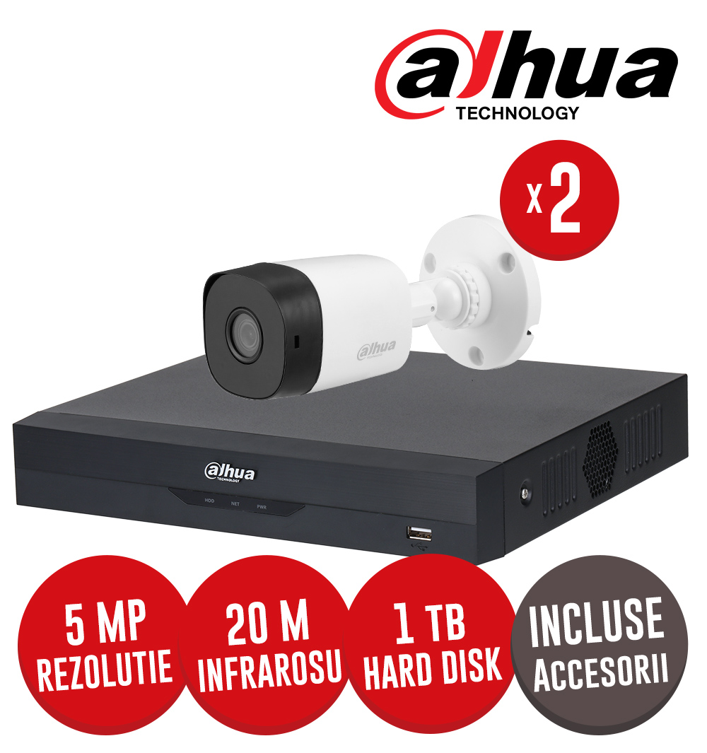 Kit complet: DVR 4 canale 5MP Lite, 2 camere 5MP, IR 20m, HDD 1TB si accesorii -  Dahua KIT222