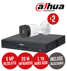 Kit complet: DVR 4 canale 5MP Lite, 2 camere 5MP, IR 20m, HDD 1TB si accesorii -  Dahua KIT222