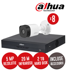Kit complet: DVR 8 canale 5MP Lite, 8 camere 5MP, IR 20m, HDD 2TB si accesorii - Dahua KIT224