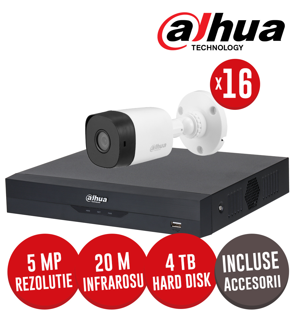 Kit complet: DVR 16 canale 5MP Lite, 16 camere 5MP, IR 20m, HDD 4TB si accesorii - Dahua KIT225