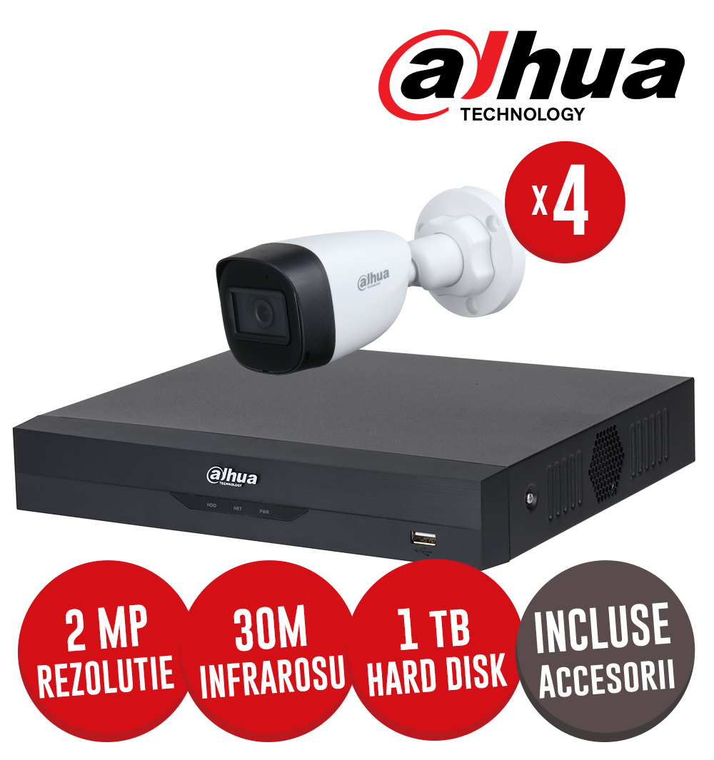 Sistem complet DVR 4 canale, 4 camere 2 MP, IR 30m, HDD 1 TB, accesorii, cablu UTP - Dahua  KIT226