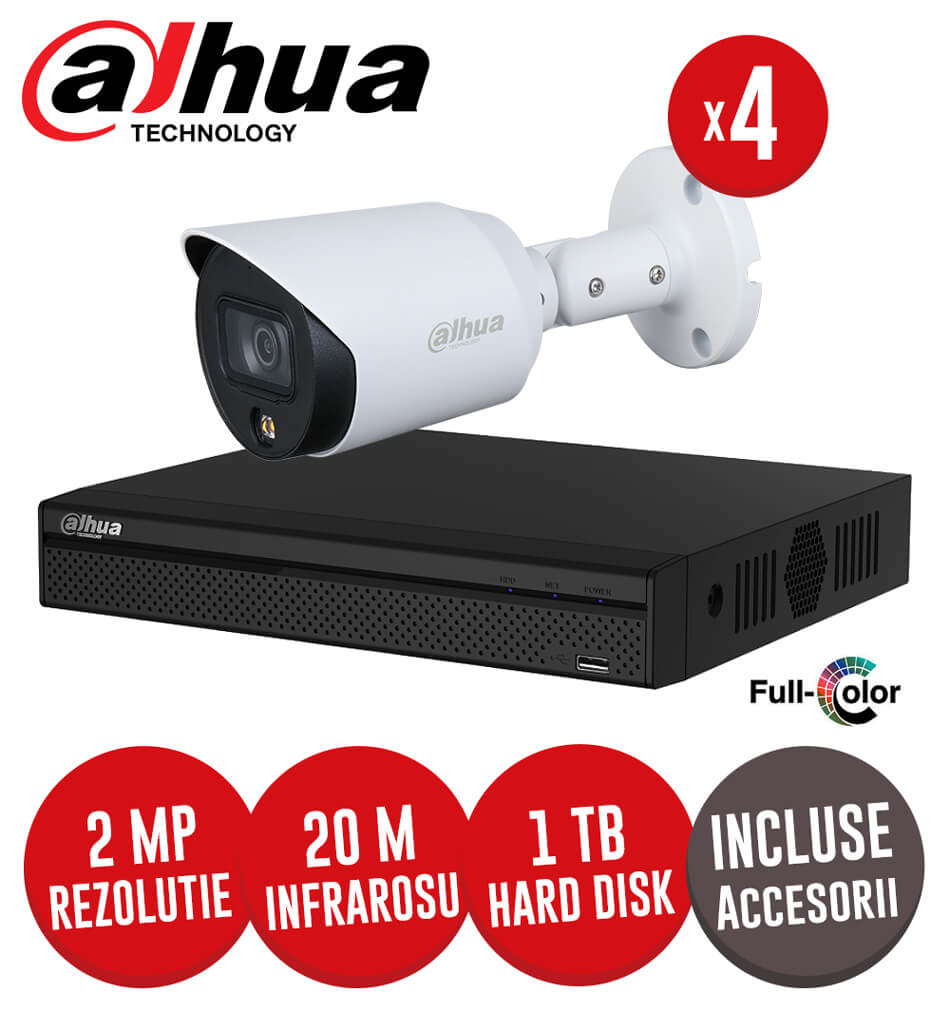 Sistem complet DVR 4 canale, 4 camere 2MP Full Colour, exterior, include accesorii, cablu -  KIT183