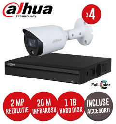 Sistem complet DVR 4 canale, 4 camere 2MP Full Colour, exterior, include accesorii, cablu -  KIT183