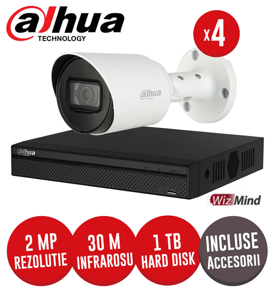 Sistem complet DVR AI 4 canale 5MP, 4 camere 2MP, Microfon, IR 30m, accesorii, Cablu UTP - KIT187