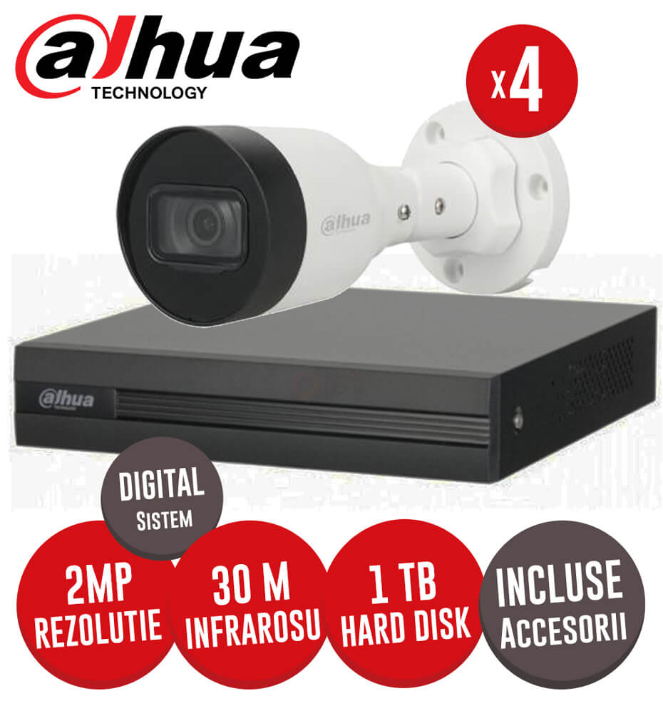 Sistem complet NVR 4 canale, 4 camere IP 2 Megapixeli, HDD, accesorii, cablu -  KIT196