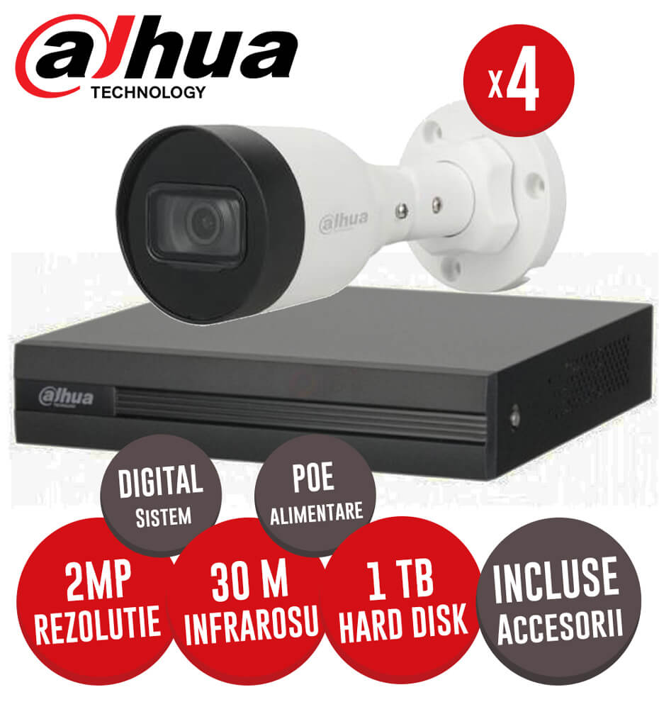 Sistem complet NVR 4 canale, 4 camere IP 2 Megapixeli, POE, HDD, accesorii, cablu - KIT197