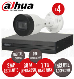 Sistem complet NVR 4 canale, 4 camere IP 2 Megapixeli, POE, HDD, accesorii, cablu - KIT197