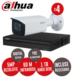 Sistem complet interior / exterior, 4 camere IP 5MP, Infrarosu 60m, NVR 4 canale, HDD 1TB -  KIT198