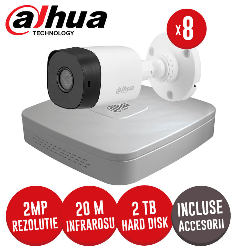 Sistem complet DVR 8 canale + 4 canale IP, 8 camere 2MP, IR 20m + accesorii  - KIT200