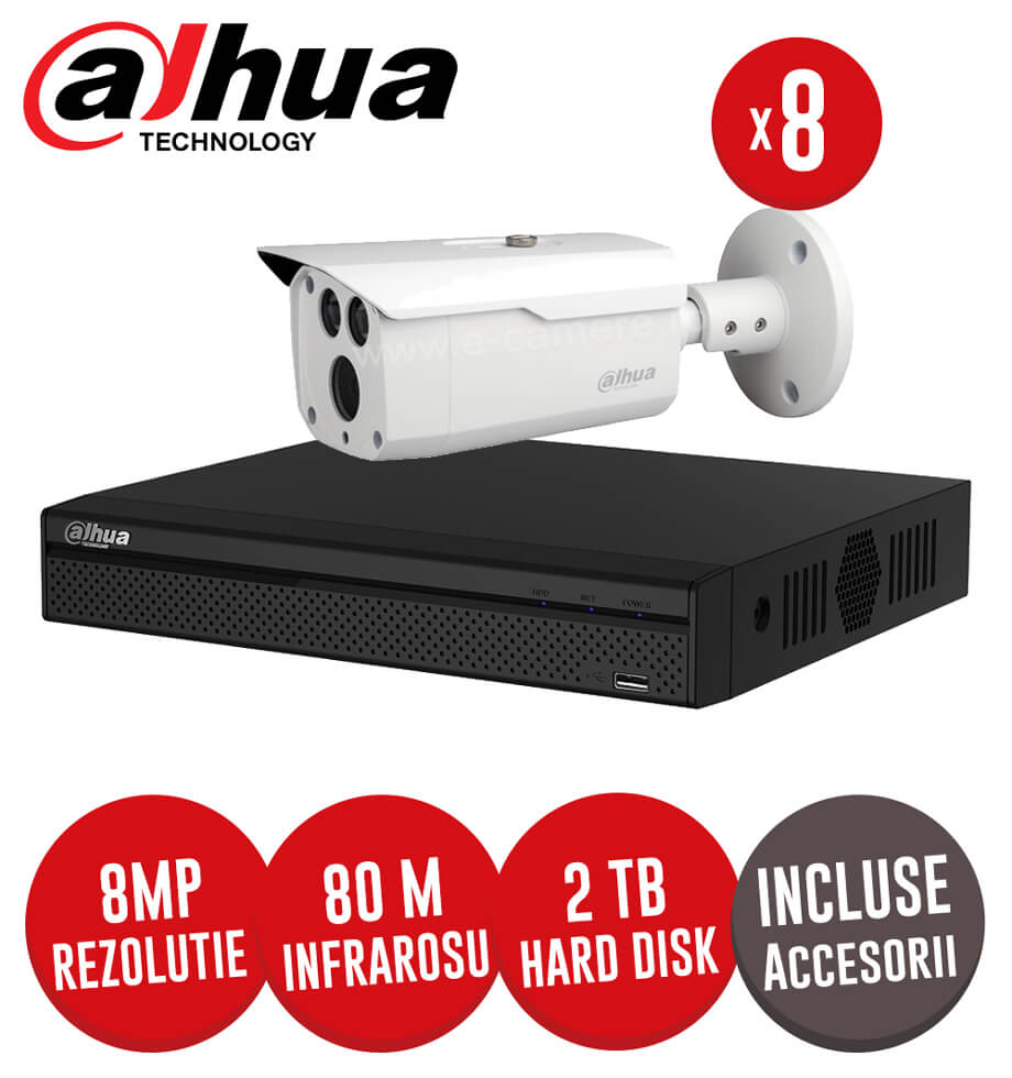 Sistem complet DVR 8 canale, 8 camere 8 MP, HDD 2TB, incluse accesorii, cablu -  KIT202