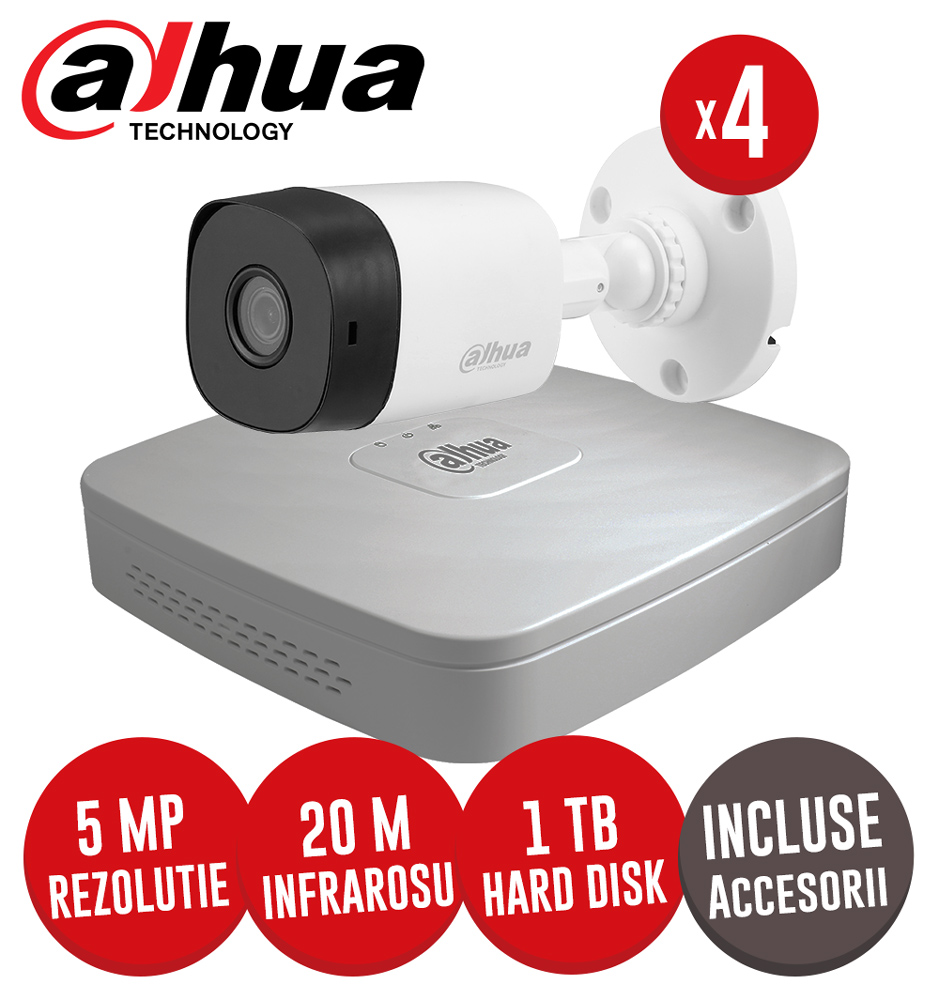 Sistem complet DVR 4 canale, 4 camere exterior 5 MP Dahua, accesorii si cabluri -  KIT207