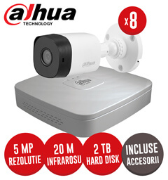 Sistem complet Dvr 8 canale, 8 camere exterior 5 MP Dahua, accesorii si cabluri-  KIT208