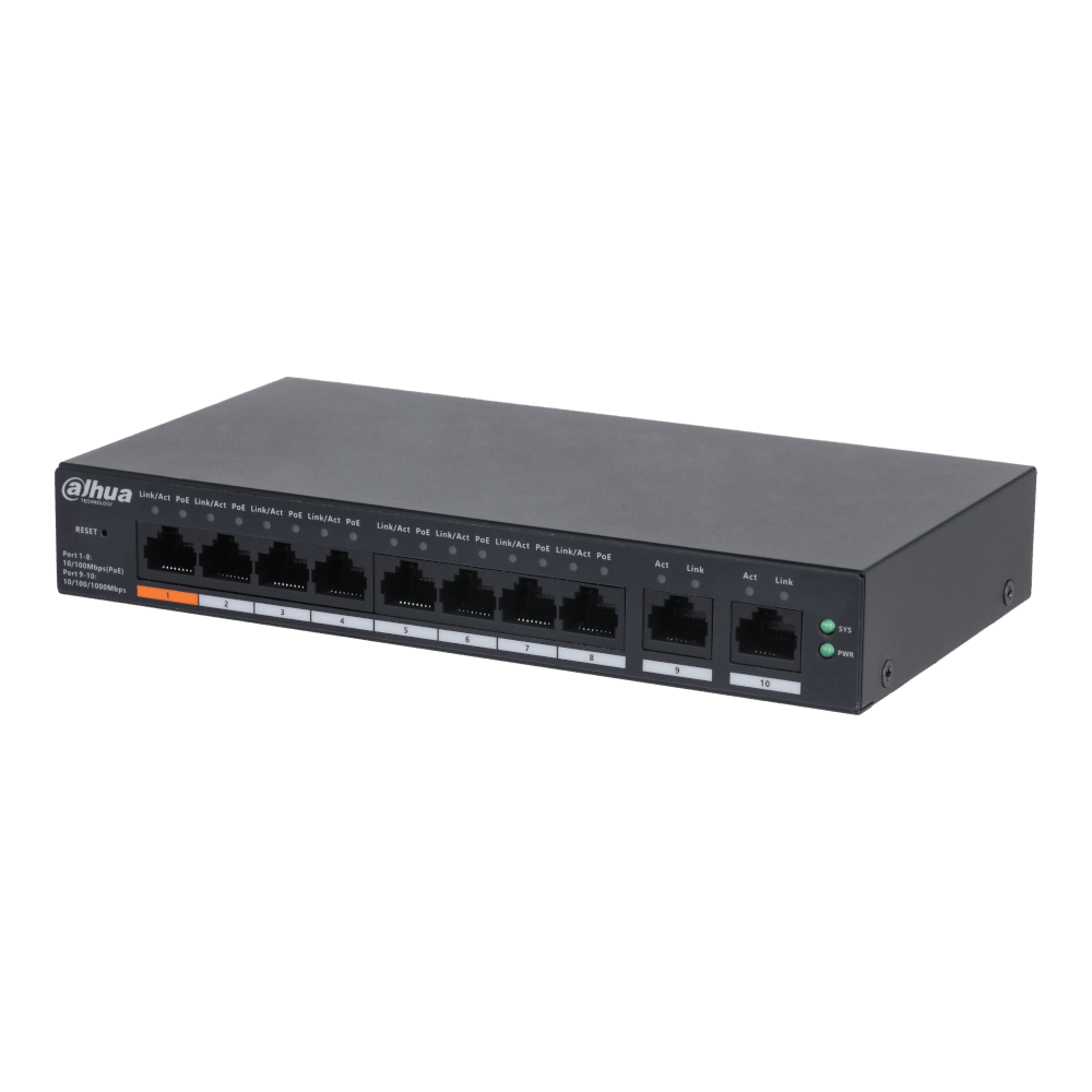 Switch 8 porturi PoE 100 Mbps+2 Uplink 1000 Mbps, Hi-PoE, management inteligent- Dahua CS4010-8ET-60
