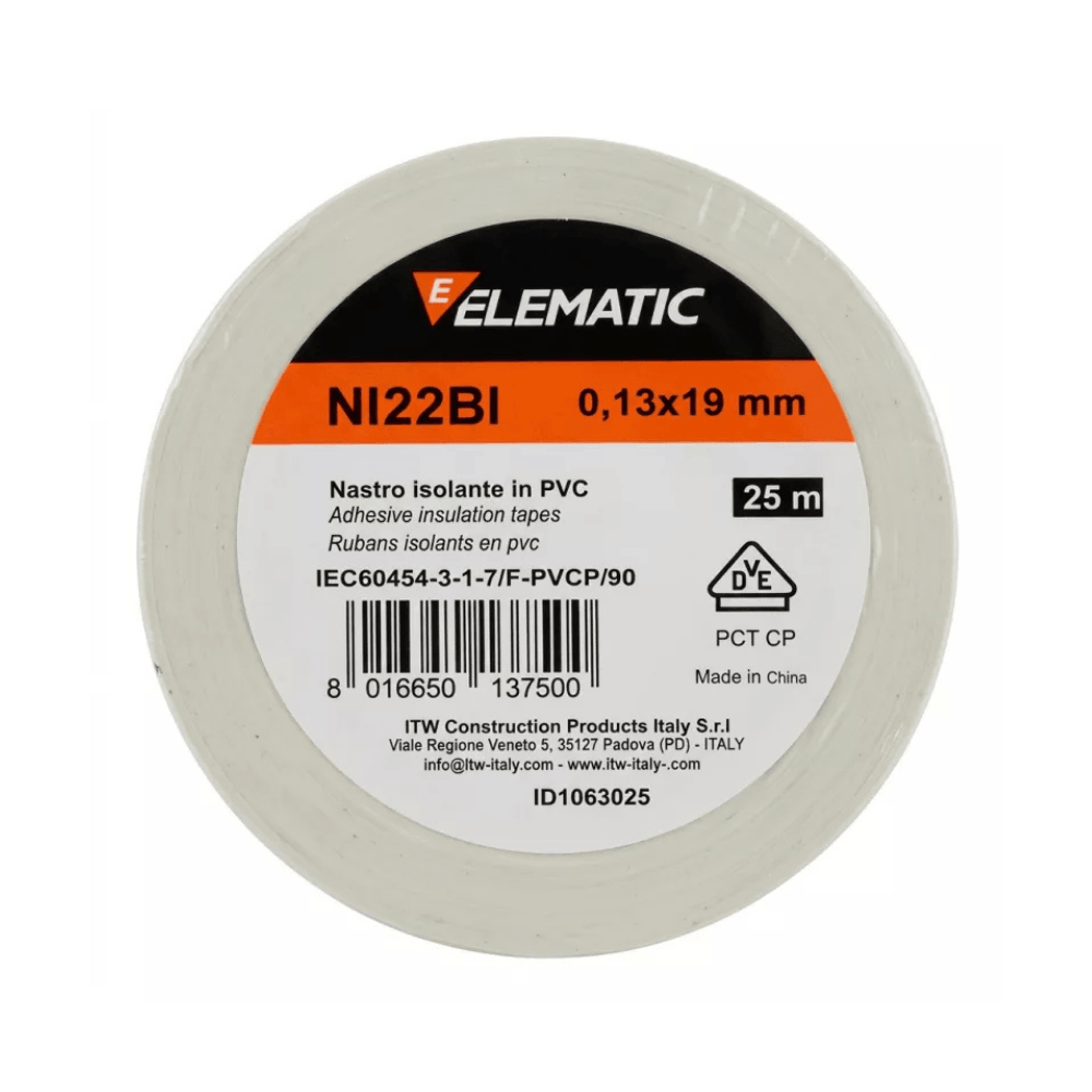 Bandă izolatoare PVC auto-stingibilă 19 mm x 25 m pentru instalații electrice - ELEMATIC NI 22BI