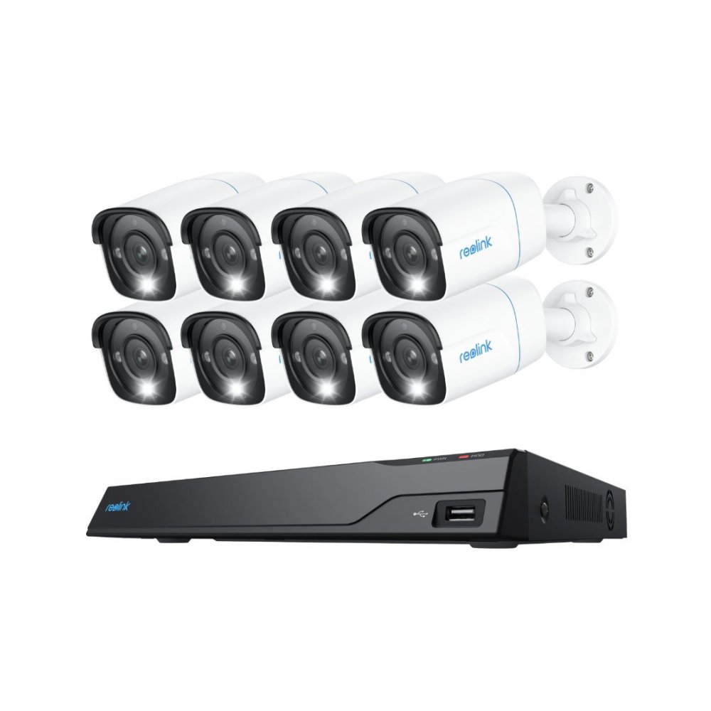 Sistem supraveghere exterior IP Reolink NVS16-8MB8, 8 camere, 4K, 2.8 mm, IR/lumina alba 30 m, spotlight, PoE, vizualizare de pe telefon, detectie persoane/vehicule, microfon si difuzor, 4TB HDD inclus