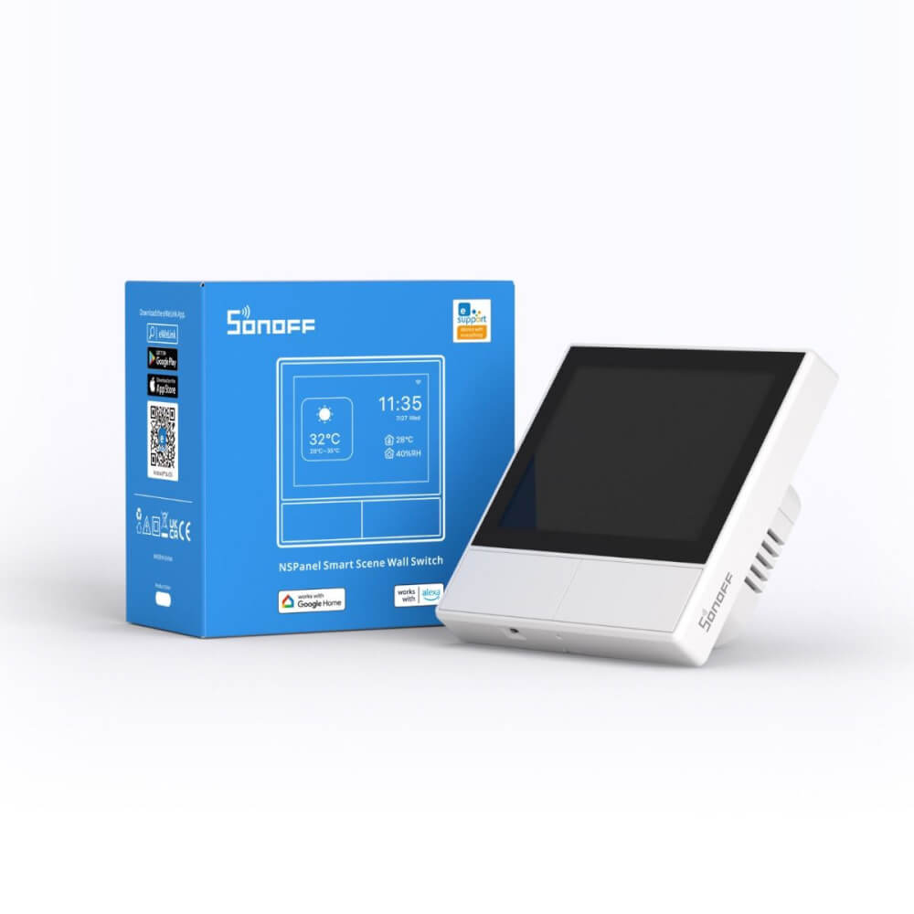 Intrerupator touch smart dublu cu termostat WiFi, 3.5 inch, 2.4 GHz, inching/interlock, alb - Sonofff NSPANEL-WH-EU